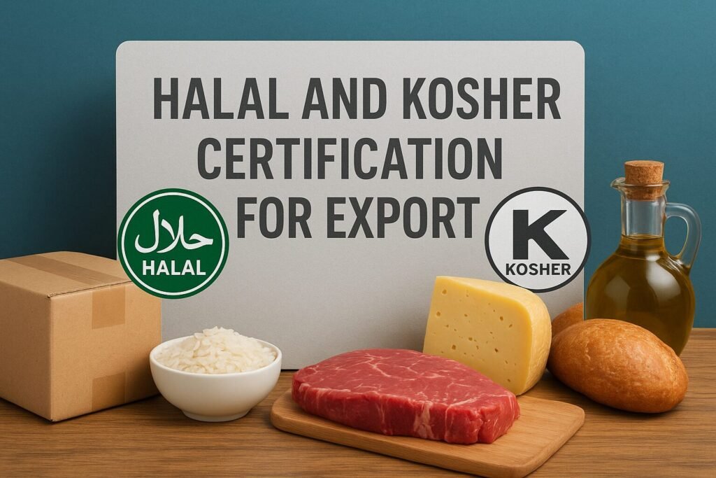 Halal and Kosher certification symbols with food items for export.