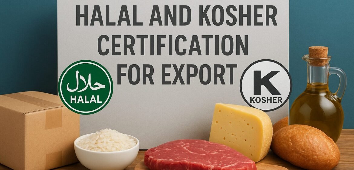 Halal and Kosher certification symbols with food items for export.