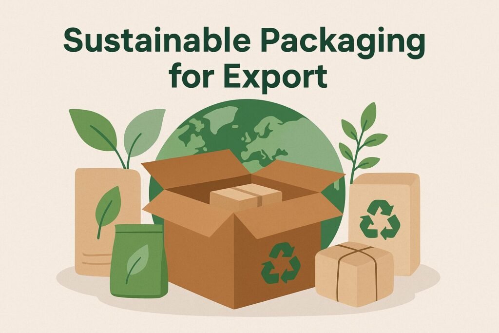 Eco-friendly export packaging with box, leaves, and globe
