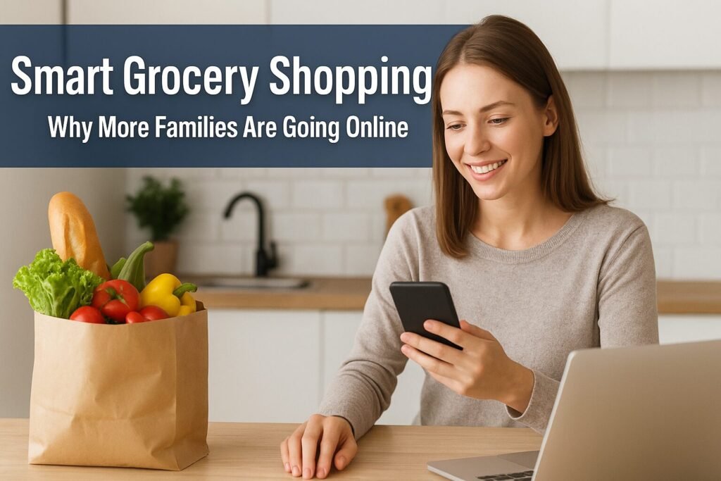 A smiling woman sitting in her kitchen uses her smartphone for online grocery shopping