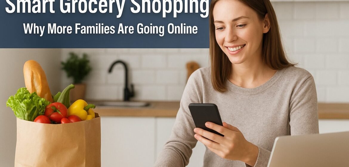 A smiling woman sitting in her kitchen uses her smartphone for online grocery shopping