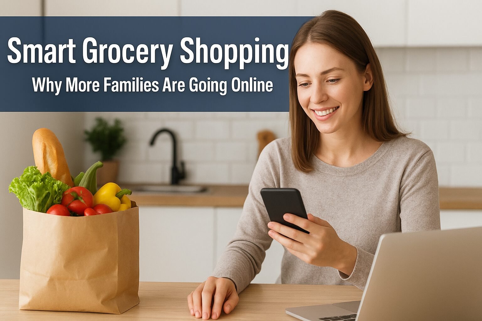 A smiling woman sitting in her kitchen uses her smartphone for online grocery shopping